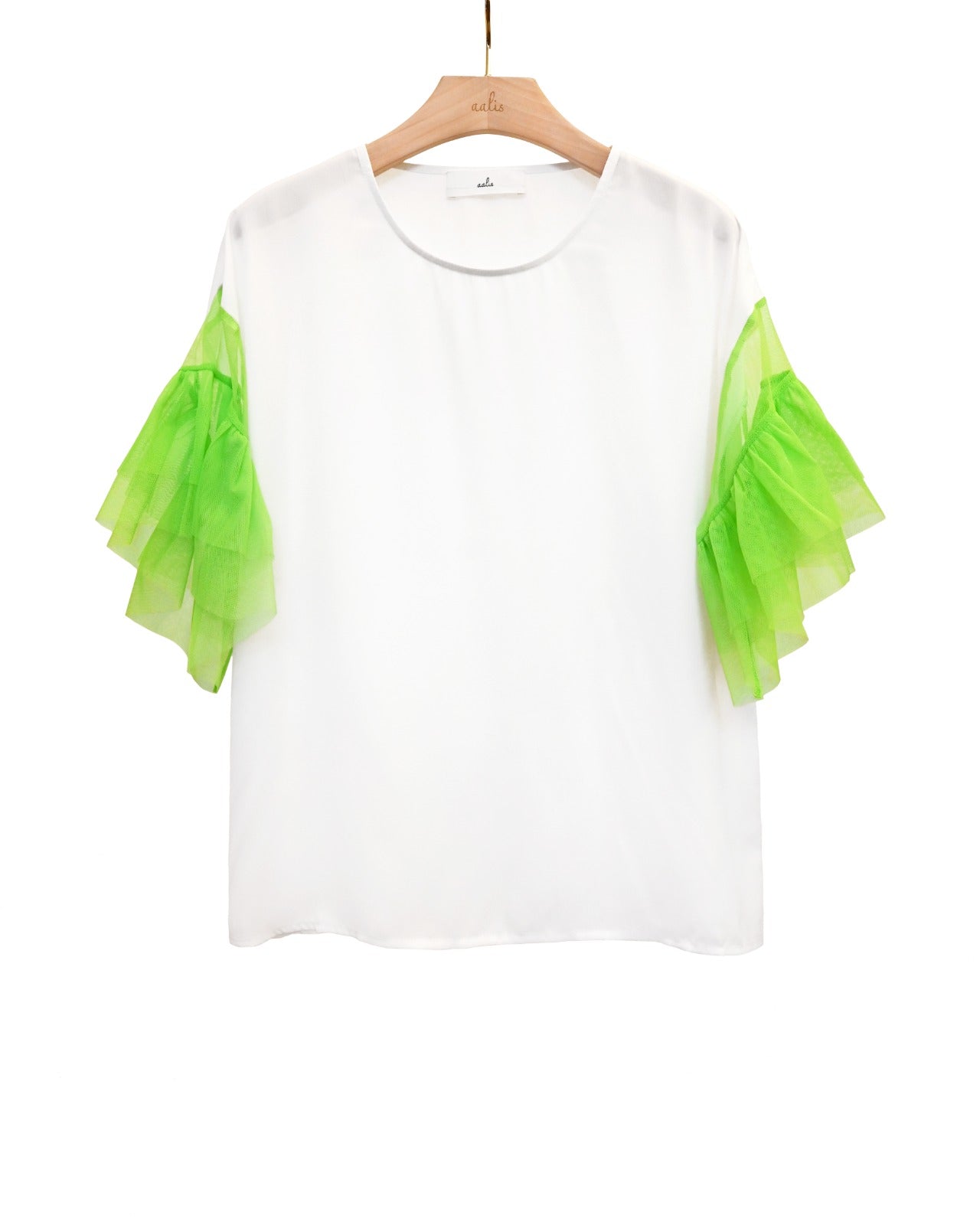 aalis ARTA mesh ruffle drop shoulder top (White green)