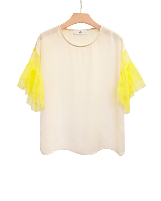 aalis ARTA mesh ruffle drop shoulder top (Yellow)