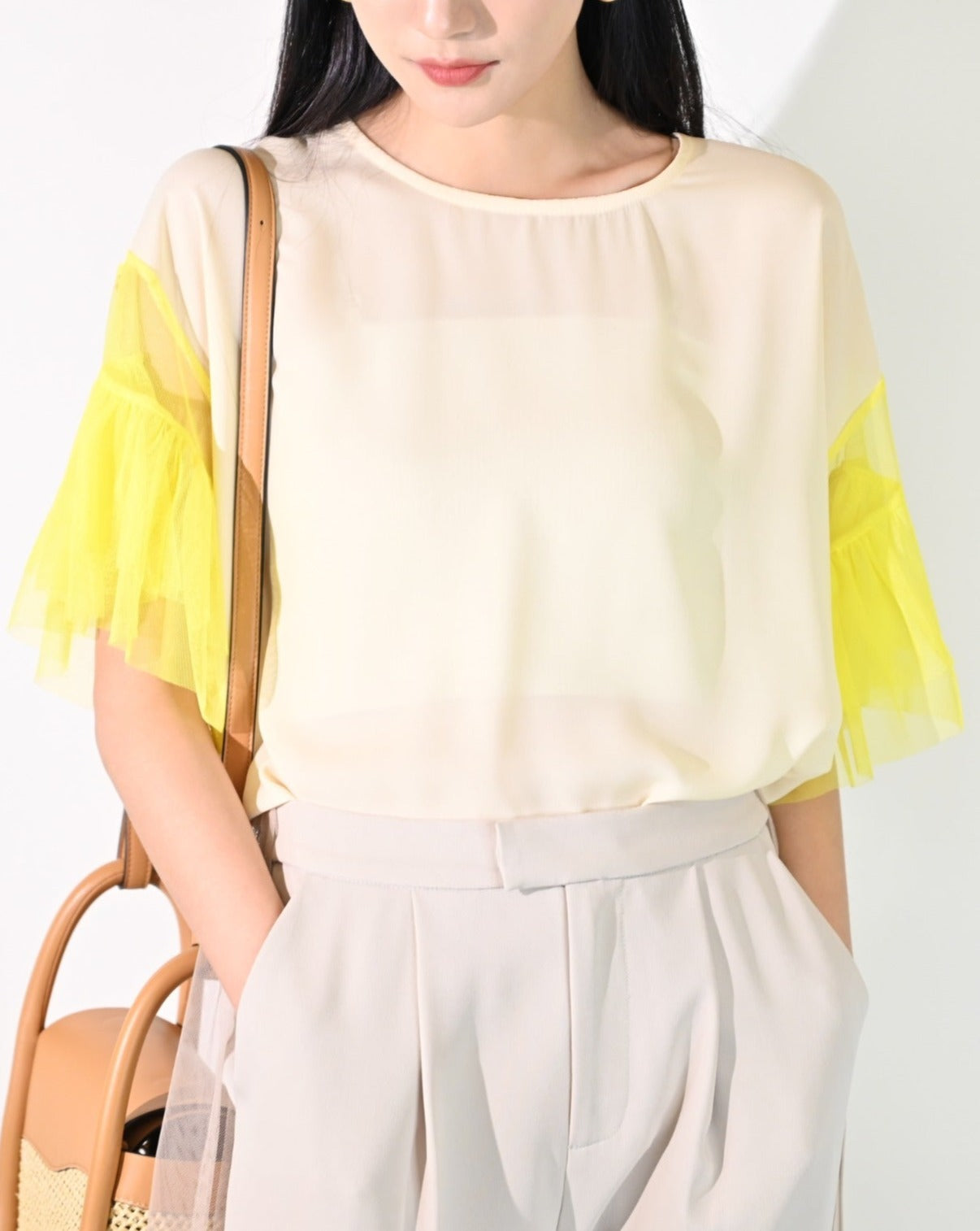 aalis ARTA mesh ruffle drop shoulder top (Yellow)