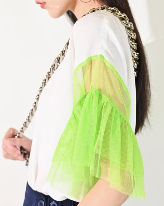 aalis ARTA mesh ruffle drop shoulder top (White green)