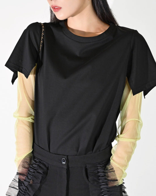 Load image into Gallery viewer, aalis TEBY cape sleeves mesh tee (Black lime)
