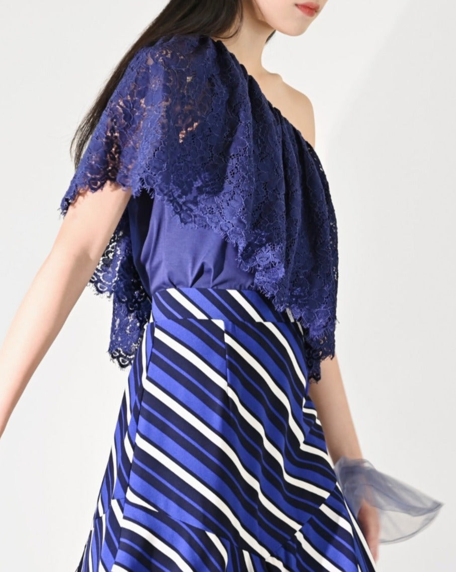 Load image into Gallery viewer, aalis CHAYA ruffle tiers skirt (Purple blue stripes)
