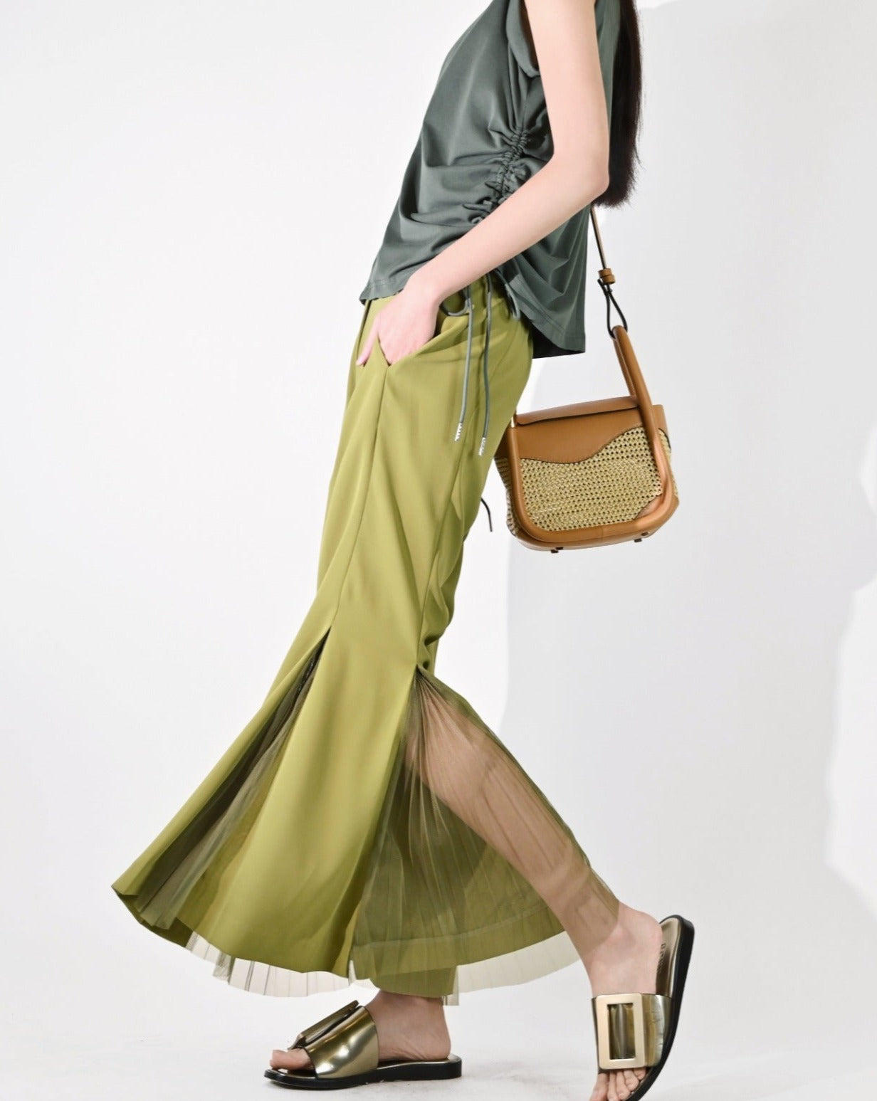 aalis AMEN 褶裥网眼拼接裤（绿色）