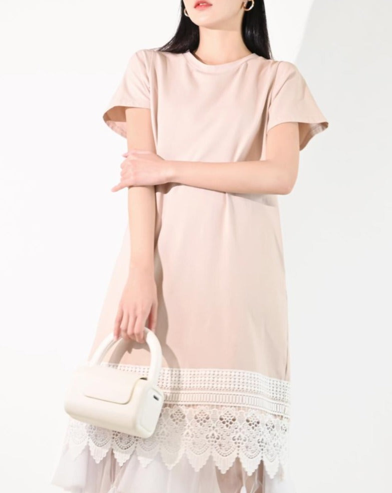 aalis VISHA mid length Tshirt dress with lace hem (Beige)