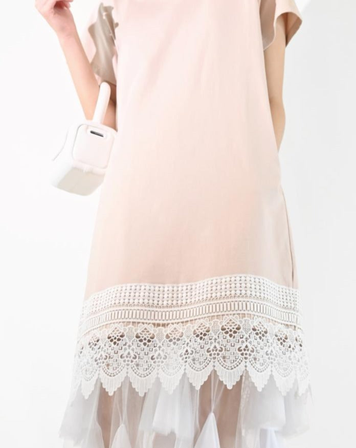 aalis VISHA mid length Tshirt dress with lace hem (Beige)