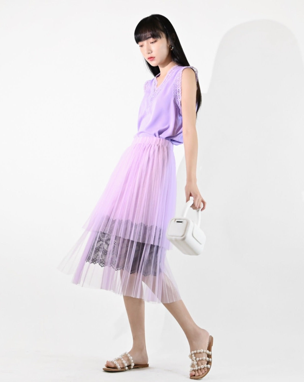 Load image into Gallery viewer, aalis DAKOTA 2 tiers pleated mesh skirt (Lilac)
