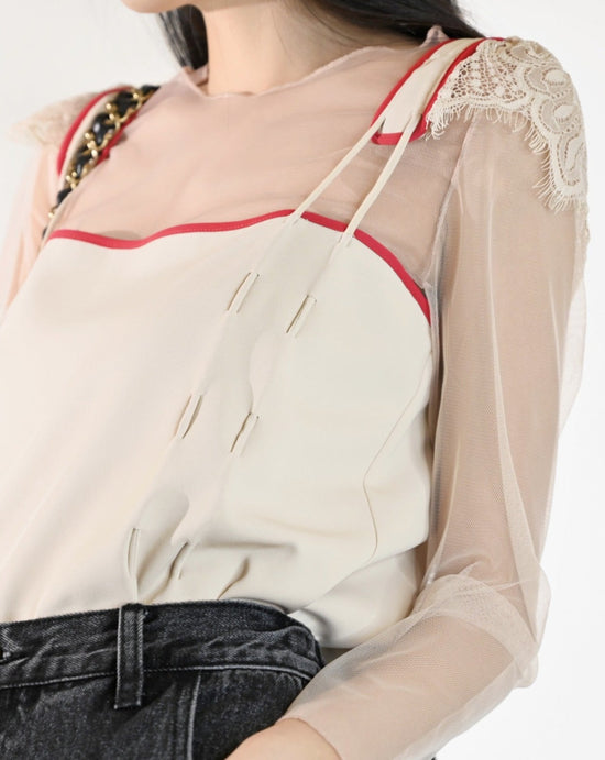 aalis KALINE cap lace string detail sleeveless top (Beige red)