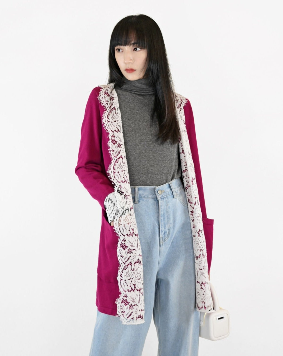 Load image into Gallery viewer, aalis MIDO lace trim long knit cardigan (Magenta)
