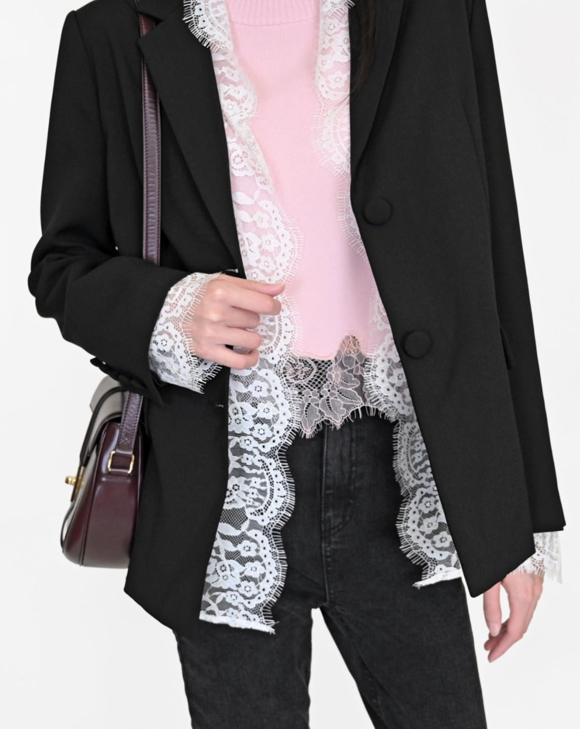 Load image into Gallery viewer, aalis INDA lace trim blazer (Black)
