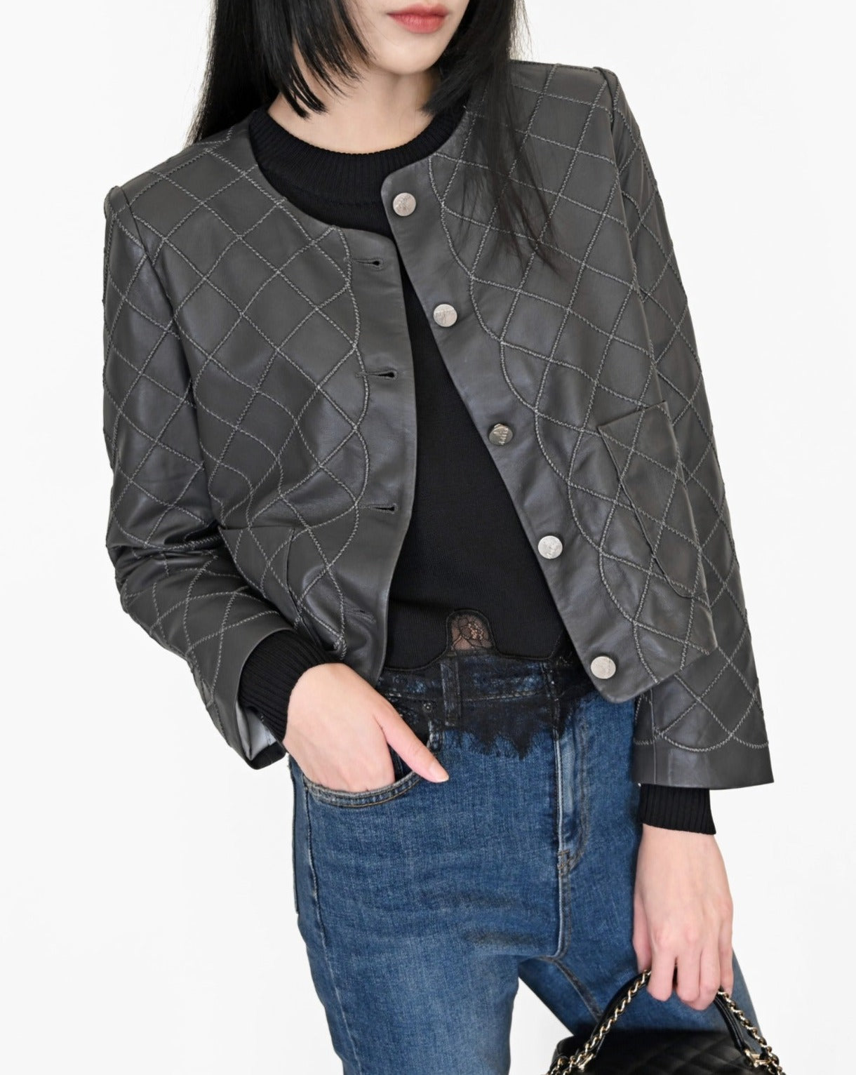 (New Style Pre-order) aalis GISELA stitch detail leather jacket (6 colours - Regular size)