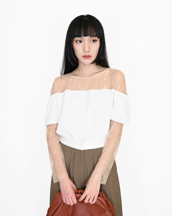 Load image into Gallery viewer, aalis VIOLETTE off shoulder ruffle panel mesh top (White)
