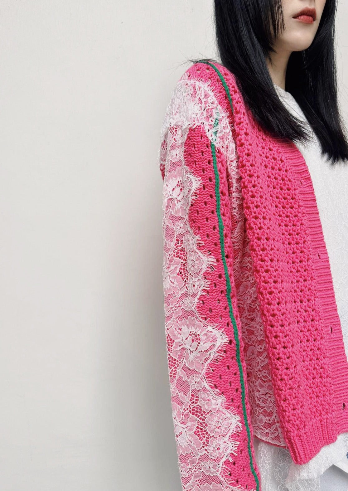 aalis MICKE crochet lace trim sleeves cardigan (Pink mix)