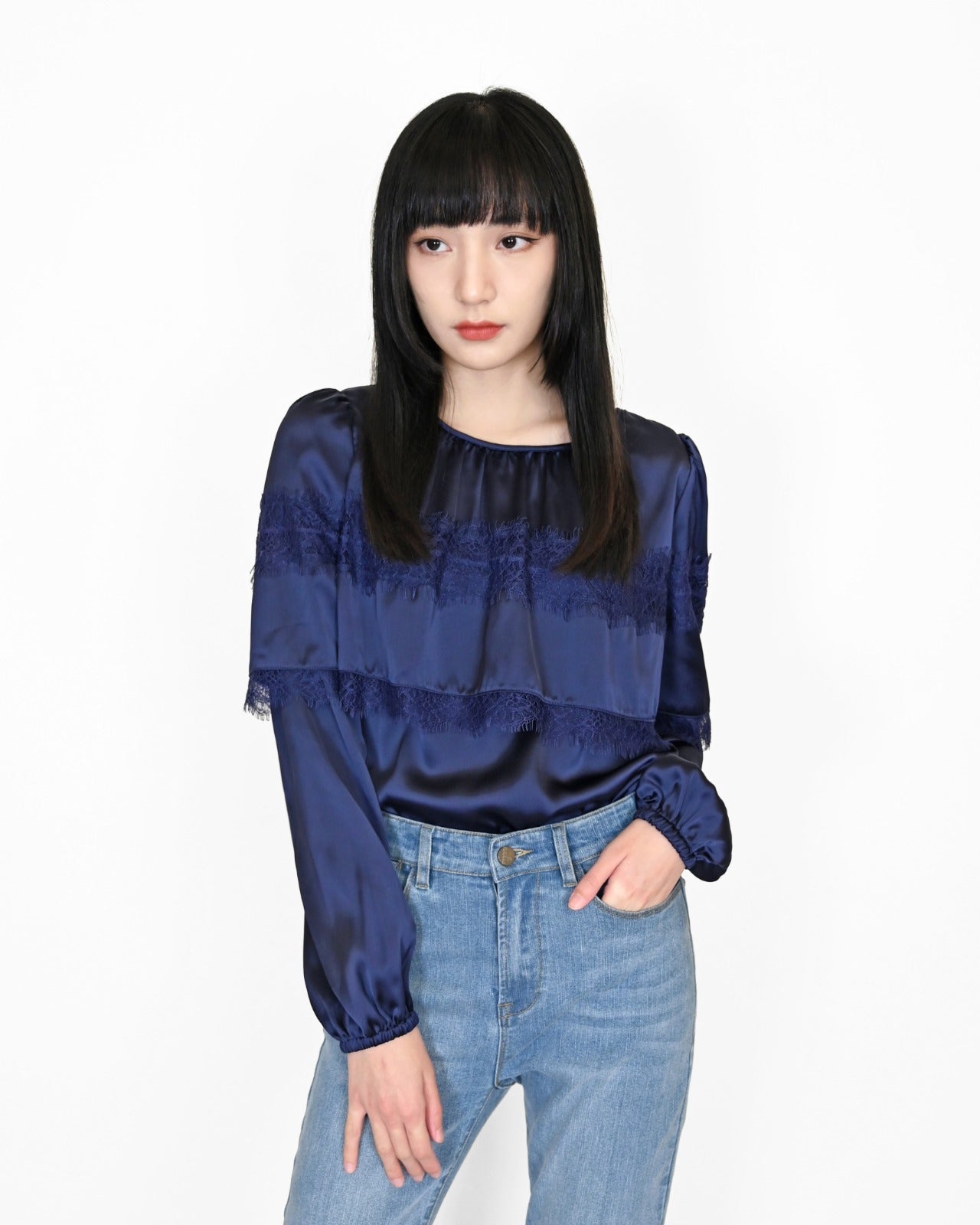 Load image into Gallery viewer, aalis LANDY cape detail blouse (Navy)
