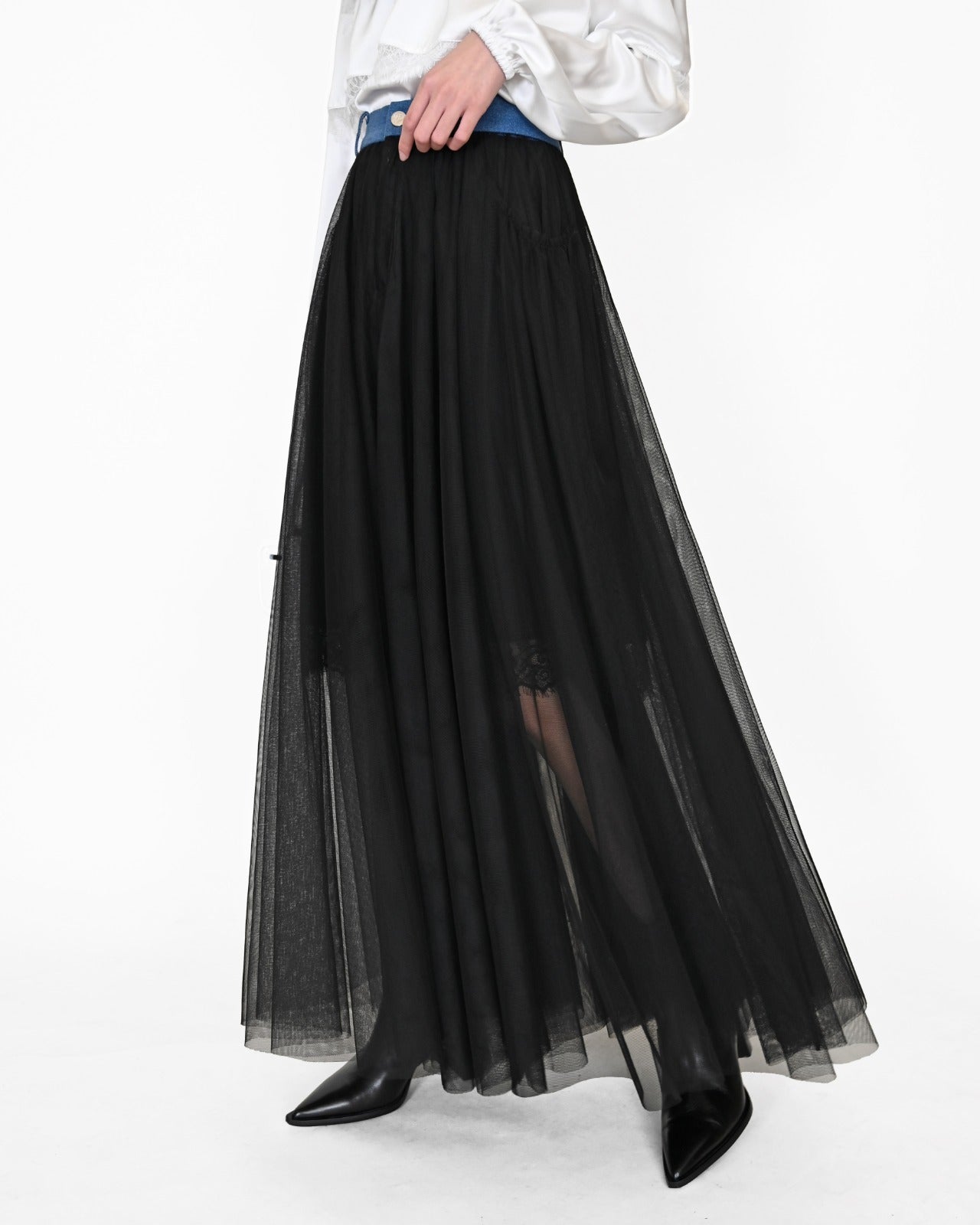aalis TOLLA denim waistline mesh skirt (Black)