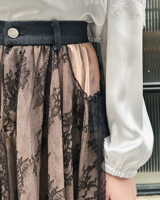 aalis TOLLA denim waistline mesh skirt (Black nude)