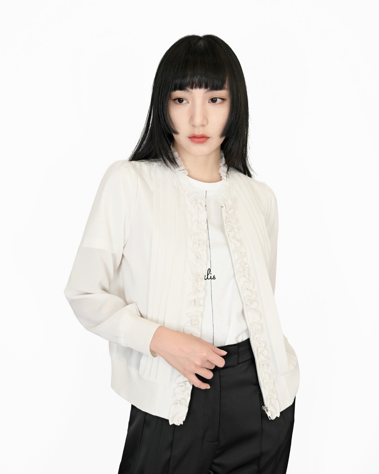 Load image into Gallery viewer, aalis ZOELIE zip up chiffon jacket (Ivory)
