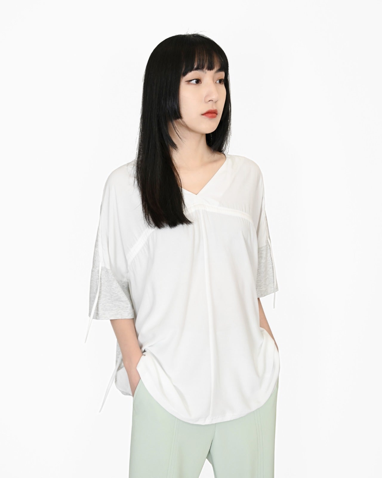 aalis PARK rusching detail woven knit top (White heather grey)