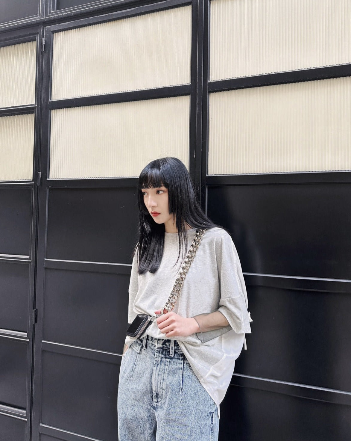 aalis PARK rusching detail woven knit top (White heather grey)