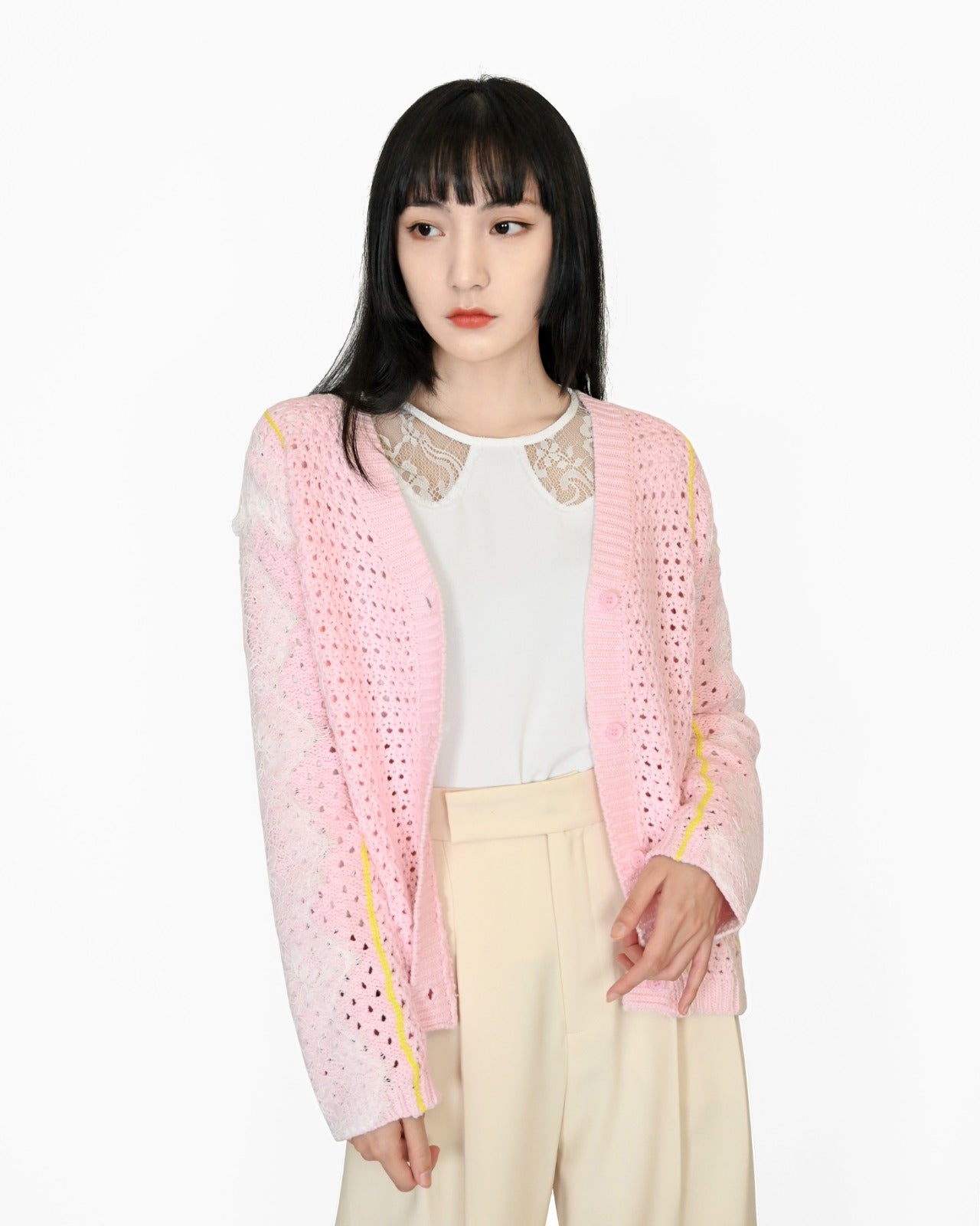 Load image into Gallery viewer, aalis MICKE crochet lace trim sleeves cardigan (Light pink mix)
