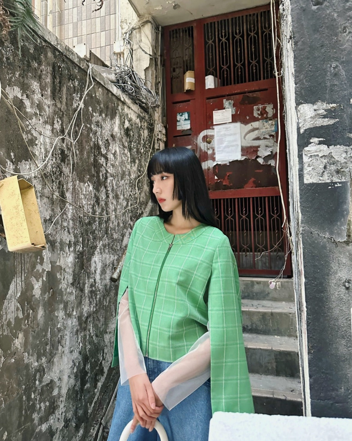Load image into Gallery viewer, aalis TIMA cape sleeves jacket (Green check)
