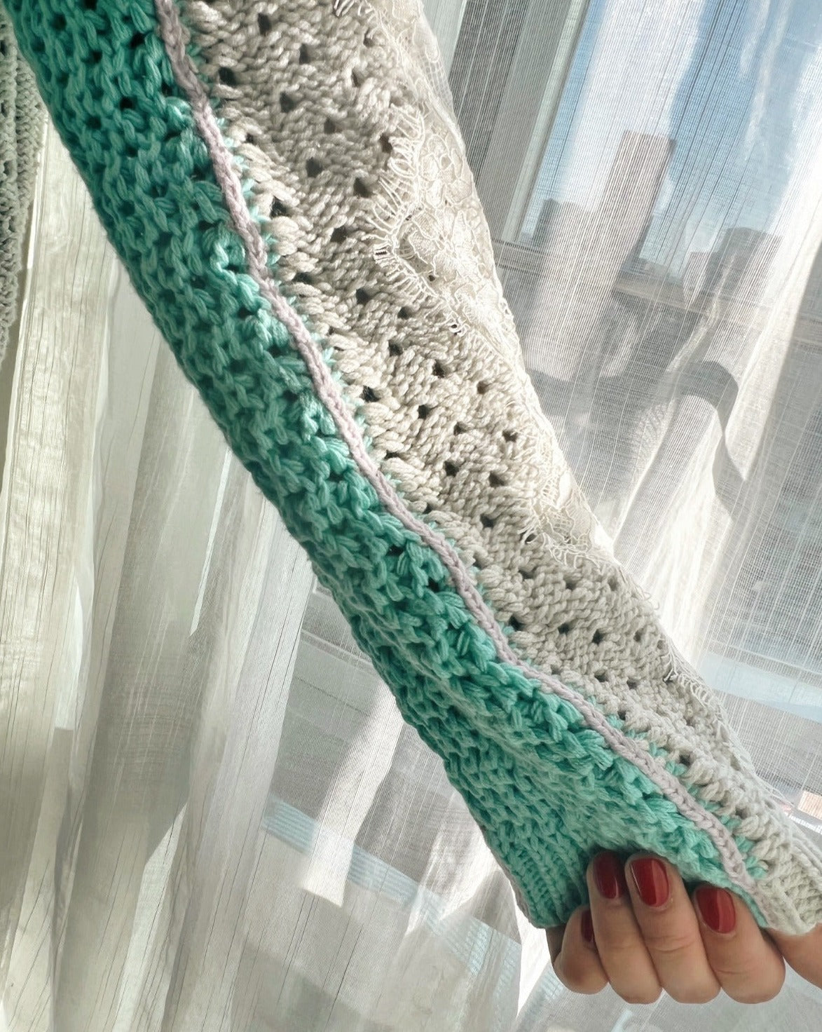 aalis MICKE crochet lace trim sleeves cardigan (Tiffany blue mix)