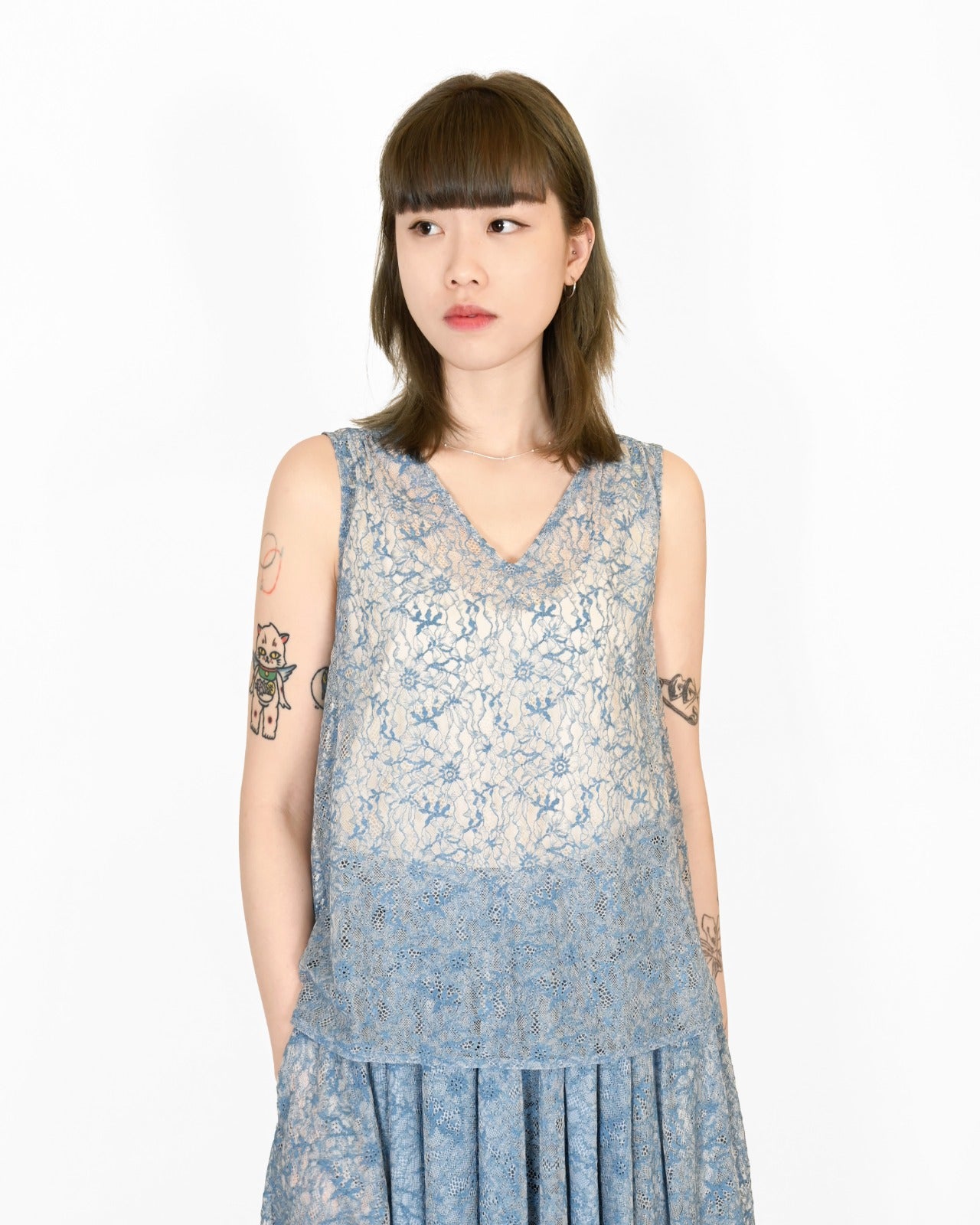 Load image into Gallery viewer, aalis JOLIE ruching shoulder top (Dusty blue lace)
