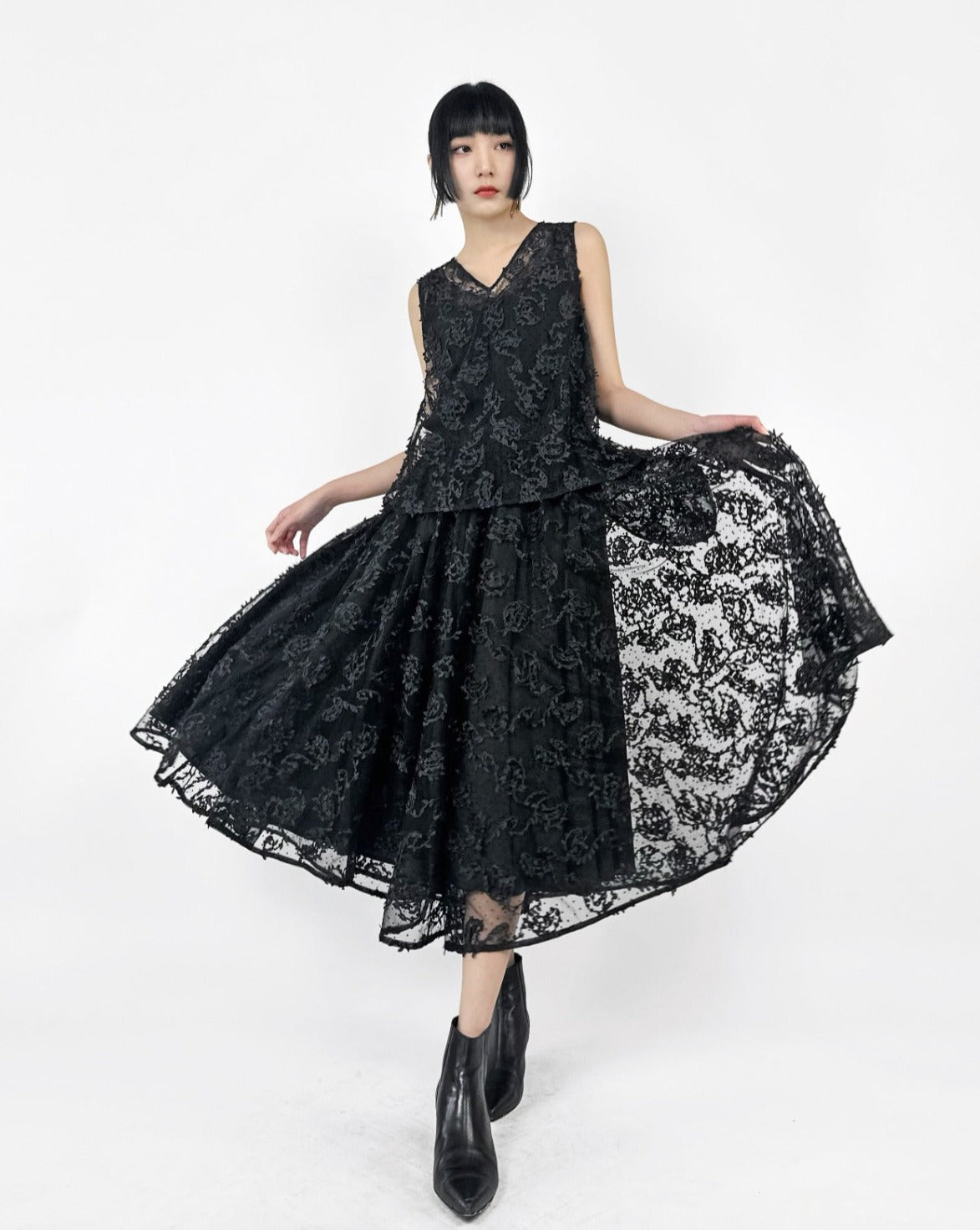 aalis EKET elastic waistline skirt (Black lace)