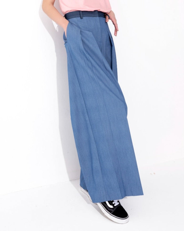 aalis ELSIE mid high waist pants with mesh waist detail (Denim blue)