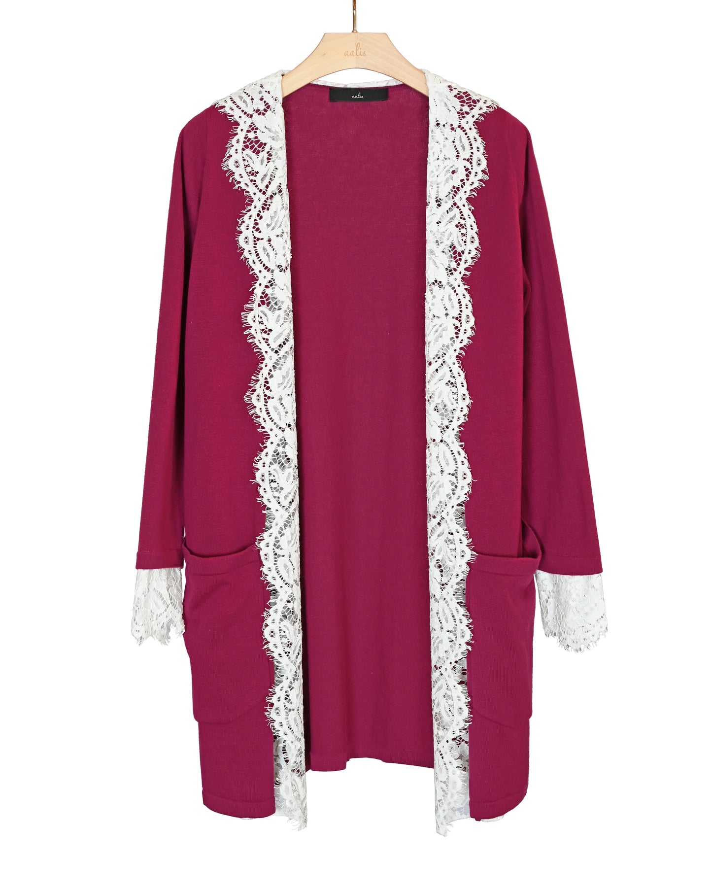 Load image into Gallery viewer, aalis MIDO lace trim long knit cardigan (Magenta)
